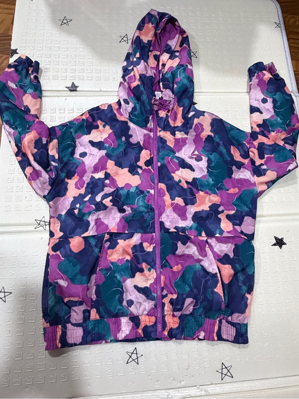 Reebok Hooded Jacket in Purple, Pink, Teal Camo